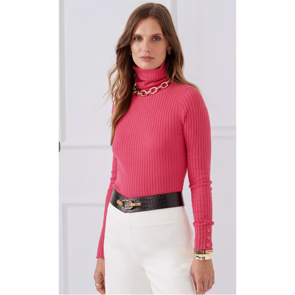 J. McLaughlin Arlette Turtleneck Sweater L Stretch Ribbed Button Sleeve Pink - Picture 1 of 7